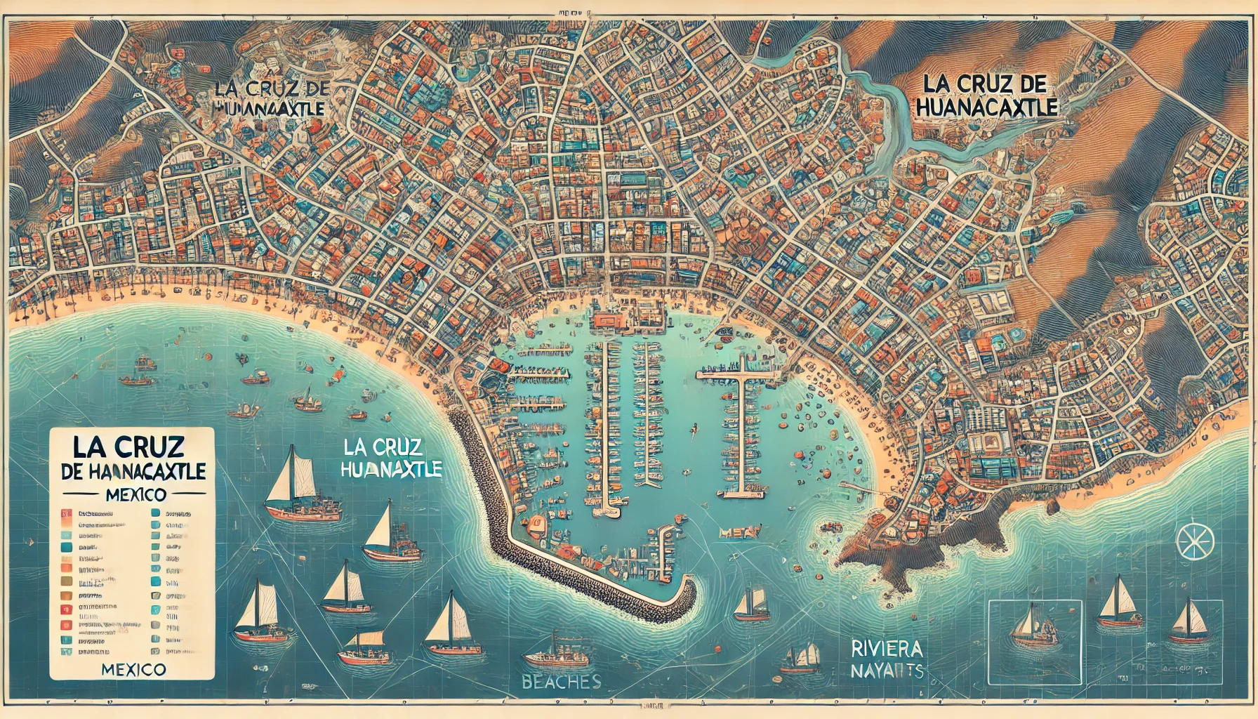 a mock map of la cruz de huanacaxtle, a picturesque fishing village on the riviera nayarit in mexico. the map highlights key landmarks